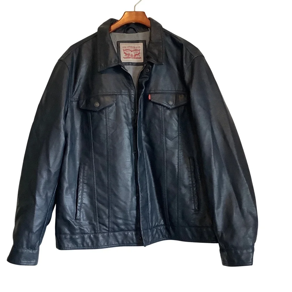 Levis Mens Faux Leather Trucker Jacket Black Full Zip XXL Extra Large Regular